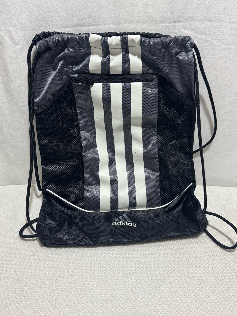 adidas Black and White Drawstring Backpack with Front Zip